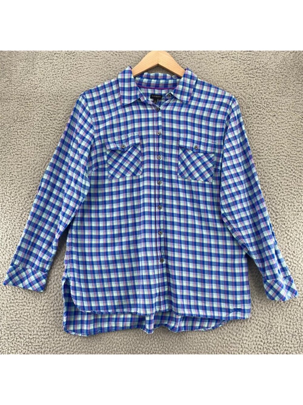 Talbots Shirt Womens Extra Large Blue Purple Plaid Button Up Collar Long Sleeve